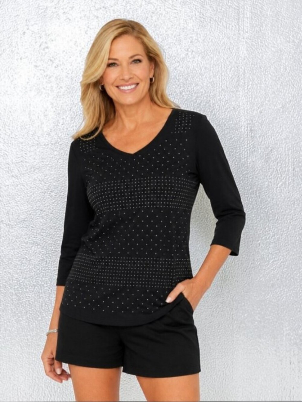 Chico's Black 3/4 Sleeve V-Neck Cotton Top Rhinestone Studs Casual "Erika" Sz L